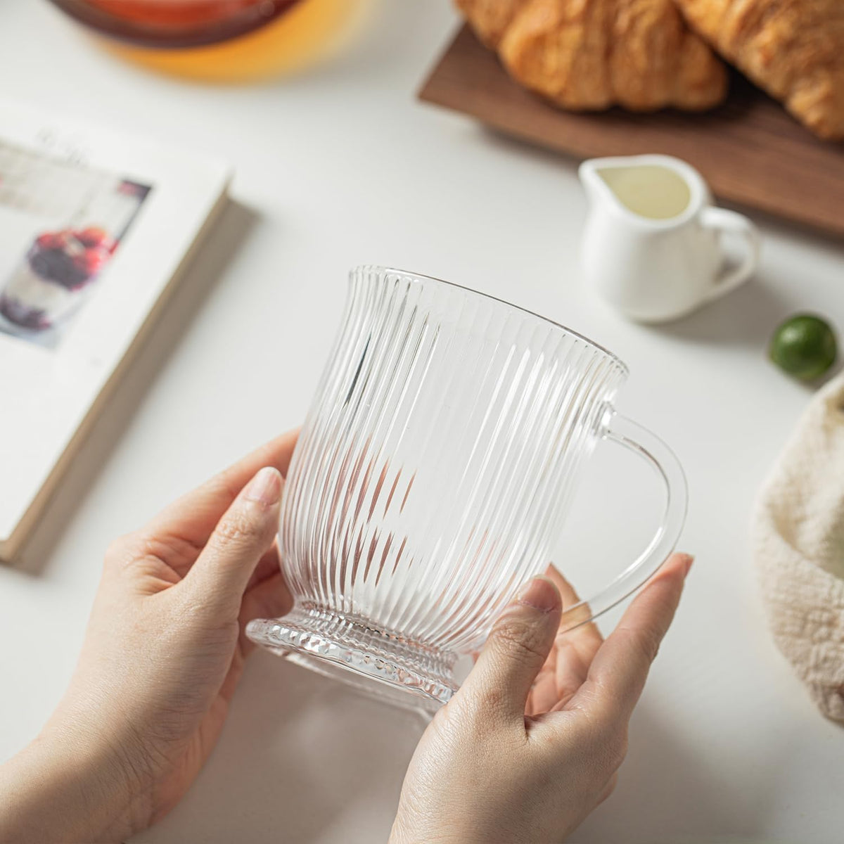 Clear Ribbed Glass Coffee Mugs Set of 4 with Spoon,16 Oz Large Glass Tea Cups with Handle Diner Latte Cups with Footed Base for Hot Beverages,Cappuccino & Espresso Cups, Stylish Drinkware