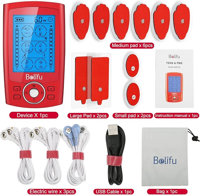 Belifu Dual Channel TENS EMS Unit 24 Modes Muscle Stimulator for Pain Relief Therapy, Electronic Pulse Massager Muscle Massager with 10 Pads, Dust-Proof Drawstring Storage Bag, Fastening Cable Ties