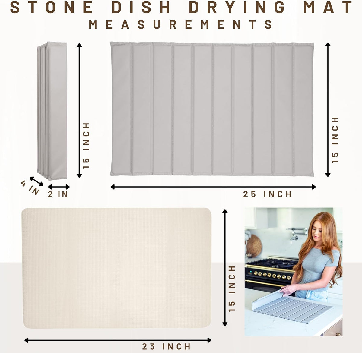 25" x 15" Large Stone Dish Drying Mat for Kitchen Counter - Quick Dry Super Absorbent Diatomaceous Earth Pad for Dishes - Our Natural Foldable Water Absorbing Mats Are Odorless and Food-Safe - Gray