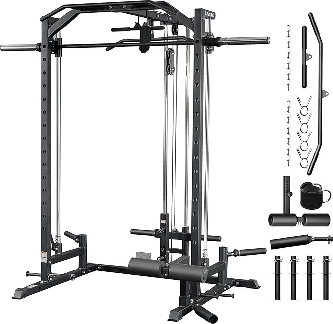 Mikolo Smith Machine Home Gym Power Cage (1:1 Ratio Strength Trainer) (Space Saving Design) (with 8 Free Attachments) Squat Rack for Full Body Training