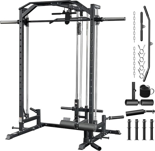 Mikolo Smith Machine Home Gym Power Cage (1:1 Ratio Strength Trainer) (Space Saving Design) (with 8 Free Attachments) Squat Rack for Full Body Training