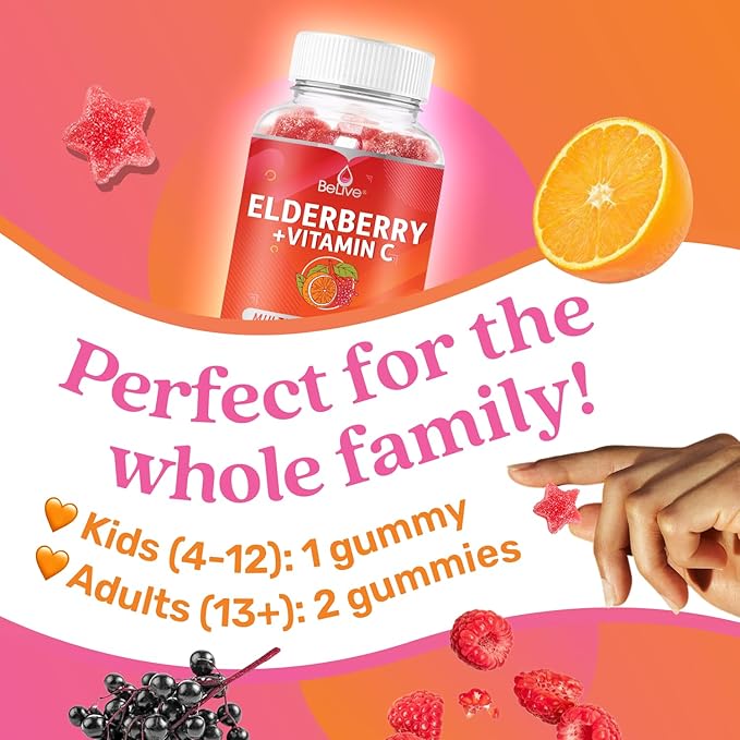 BeLive Elderberry Gummies with Zinc and Vitamin C - Immune Support Supplement with Vitamin D, A, E, B12 - Gummies for Healthy Bones & Teeth, Vegan, Keto & Non-GMO - Raspberry Flavor | 3-Pack