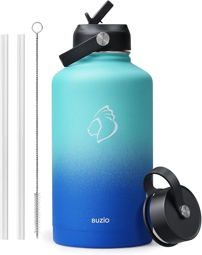 BUZIO Stainless Steel Water Bottle (Cold for 48 Hrs, Hot for 24 Hrs), 32 oz Vacuum Insulated Water Bottle with Straw Lid and Flex Cap (Double Wall, Wide Mouth, BPA Free, Leak Proof), Caribbean Blue