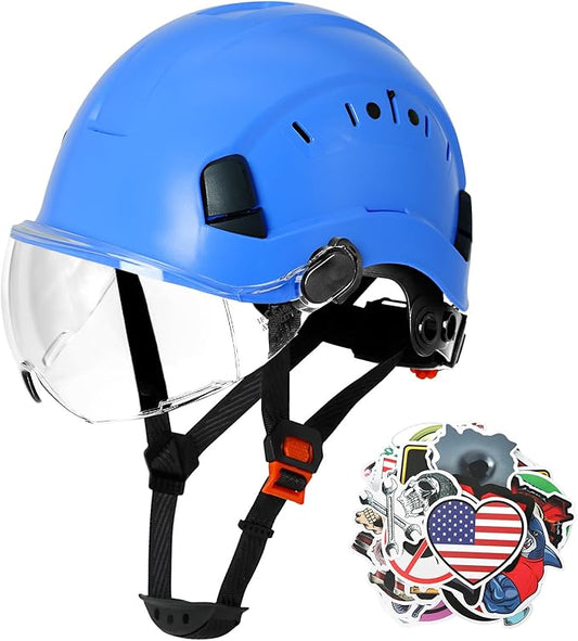AOLAMEGS Construction Blue Hard Hats - Adjustable Vented Hard Hat with Visor for Men Women ABS Safety Helmet 6-Point Suspension Work Safety Helmet for Outdoor Height Industrial (with Clear Visor)