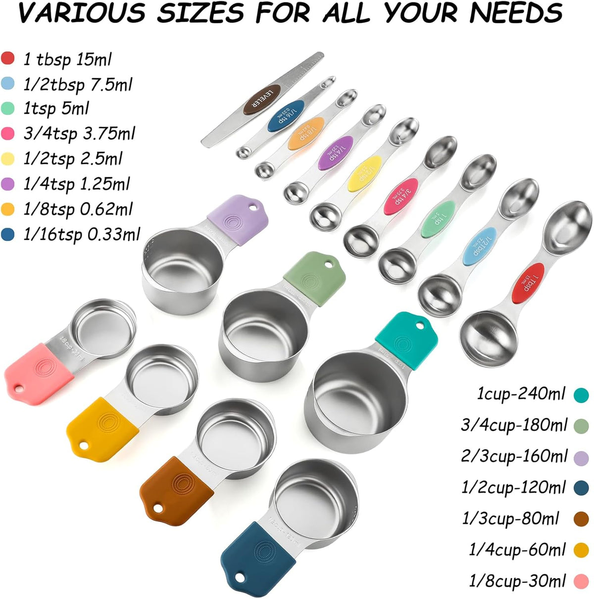 Magnetic Measuring Cups and Spoons Set of 16 Including 7 Stainless Steel Stackable Magnetic Measuring Cup 8 Magnetic Measuring Spoon with Leveler for Measuring Dry Liquid Ingredient