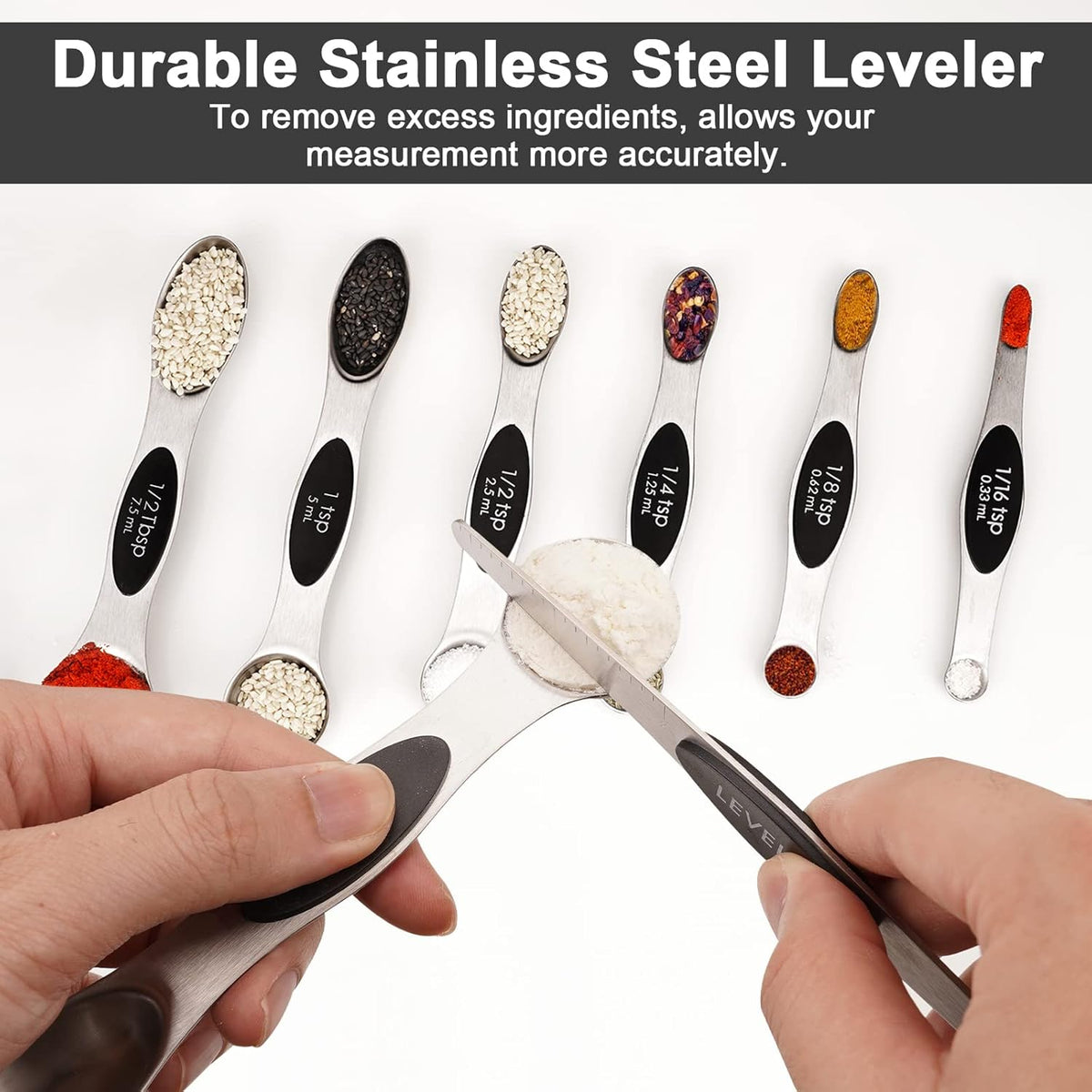 Aovchei 8 PCS Magnetic Measuring Spoons Set, Dual Sided, Stainless Steel Small Tablespoon, Teaspoons, Fits in Spice Jars, for Dry and Liquid, Black