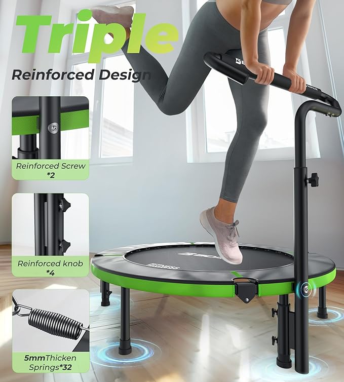 BCAN 40"/48" Foldable Mini Trampoline, Rebounder Trampoline for Adults, U/T Shape Adjustable Foam Handle, Exercise Rebounder for Adults Indoor/Garden Workout, Max Load 330lbs/440lbs