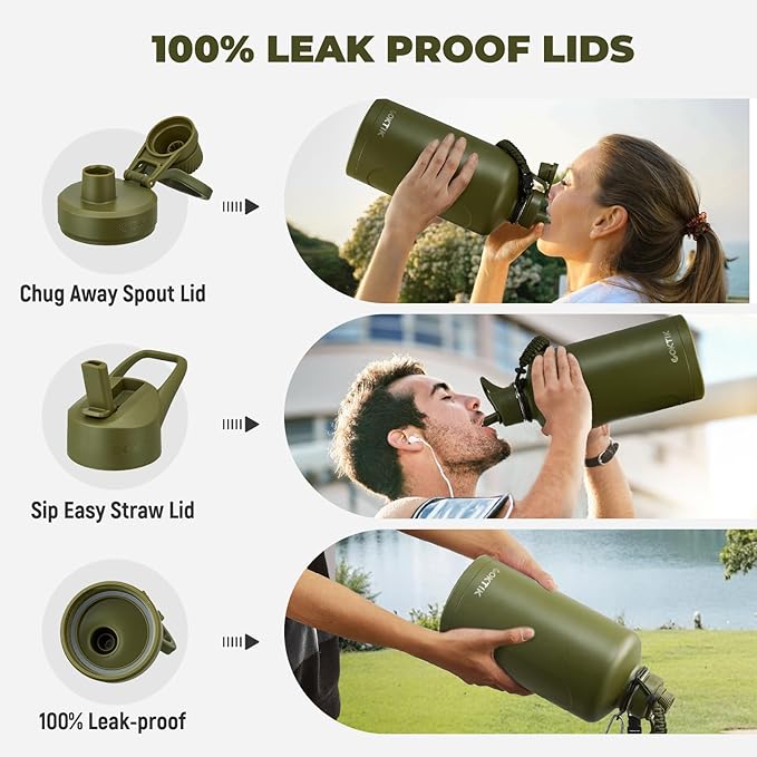 2 Pack 128 oz Insulated Water Bottle, Triple Wall Stainless Steel Flask, Keeps Drinks Cold for 48 Hrs Leak-Proof & BPA-Free Half Gallon Jug with Paracord Handle, Straw & Spout Lids(2 pack, Army Green)