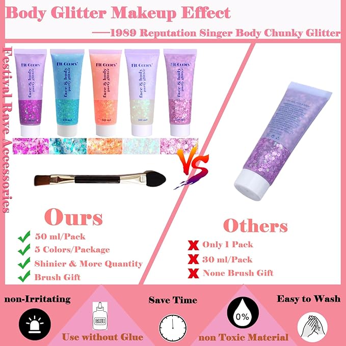 Body Glitter Face Glitter Gel: Singer Concerts Disco Festival Rave Accessories Face Glitter Makeup 150ml Chunky Sequins Mermaid Face Body Hair Glitter Gel (White&Pink&Rose&Lake Blue&Orange)