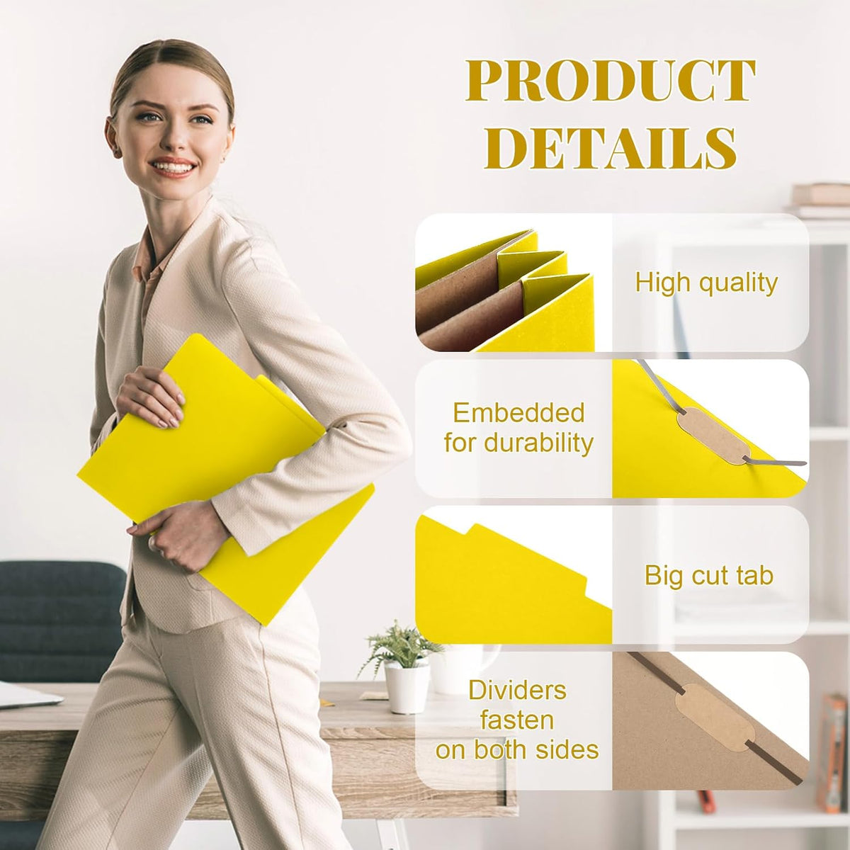 12 Pcs Classification Folders Letter Size, Back to School Supply for Teacher, Student, 2 Pocket Dividers Pressboard File Folder Bulk with 2 Fasteners, 2 in Expanding File Organizer (Yellow)