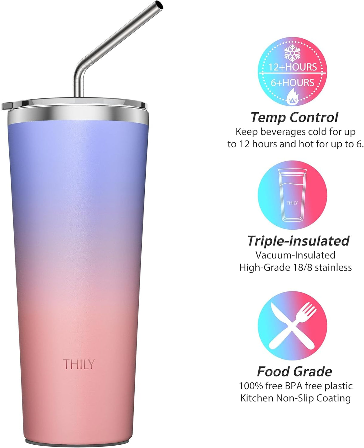 THILY Stainless Steel Vacuum Insulated Tumbler 26 oz Triple-Insulated Travel Mug with Splash-Proof Lid, for Iced Coffee and Hot Beverage, 2 Pack, Candy Pink + Lavender Dream
