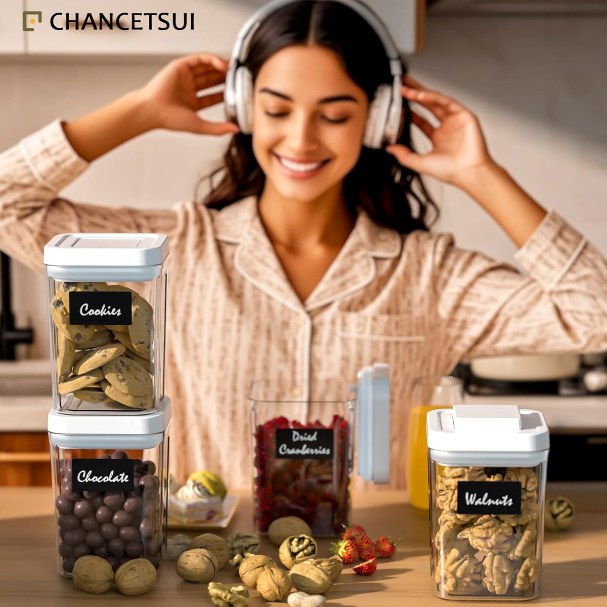 CHANCETSUI Airtight Kitchen Food Storage Containers: Clear Plastic Pantry Organizer with Lids for Baking Ingredients, 4-Piece Canister Set, 1.1 qt /1 L