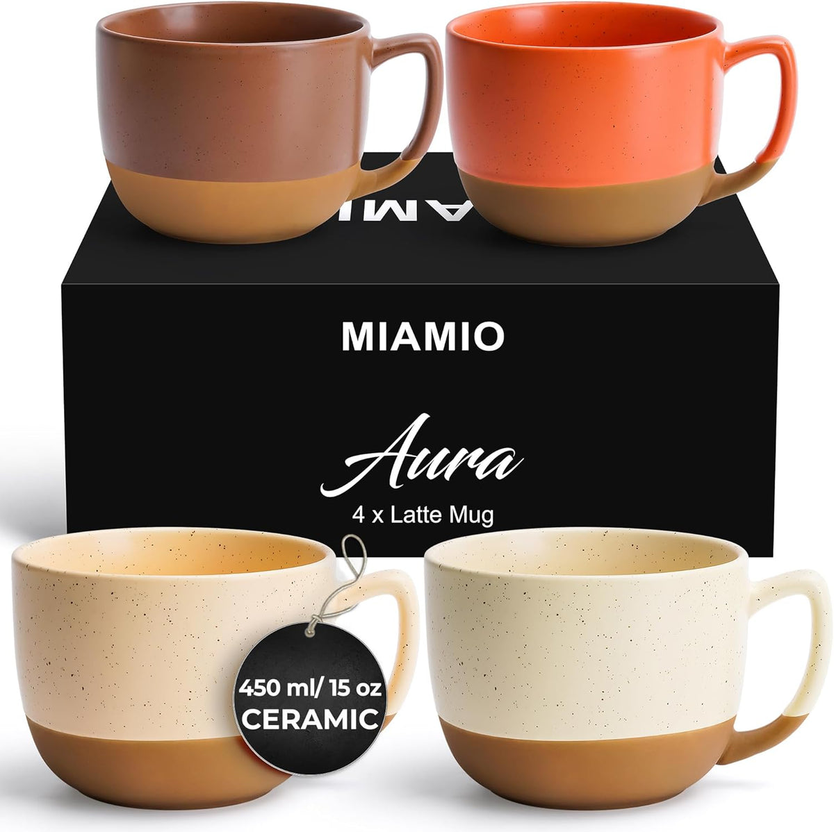 MIAMIO – 15 Ounce, Set of 4 Ceramic Latte Mug – Elegant Modern Coffee Mug Set for Cafe, Latte, Tea, Hot Cocoa - Drinks Dishwasher & Microwave Safe – Aura Collection (Cozy Neutral, Coffee Mug(4x))