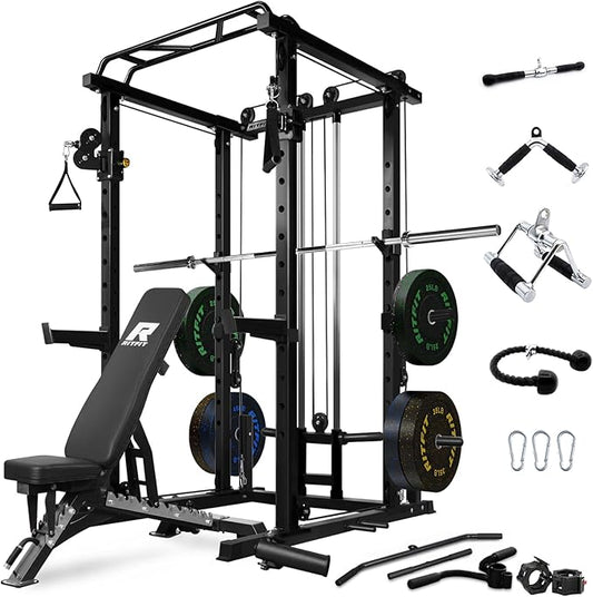 RitFit Power Cage with Optional LAT PullDown/Cable Crossover, 1000LB Squat Rack for Home & Garage Gym, with Weight Storage Rack and More Training Attachments, ASTM-Certified