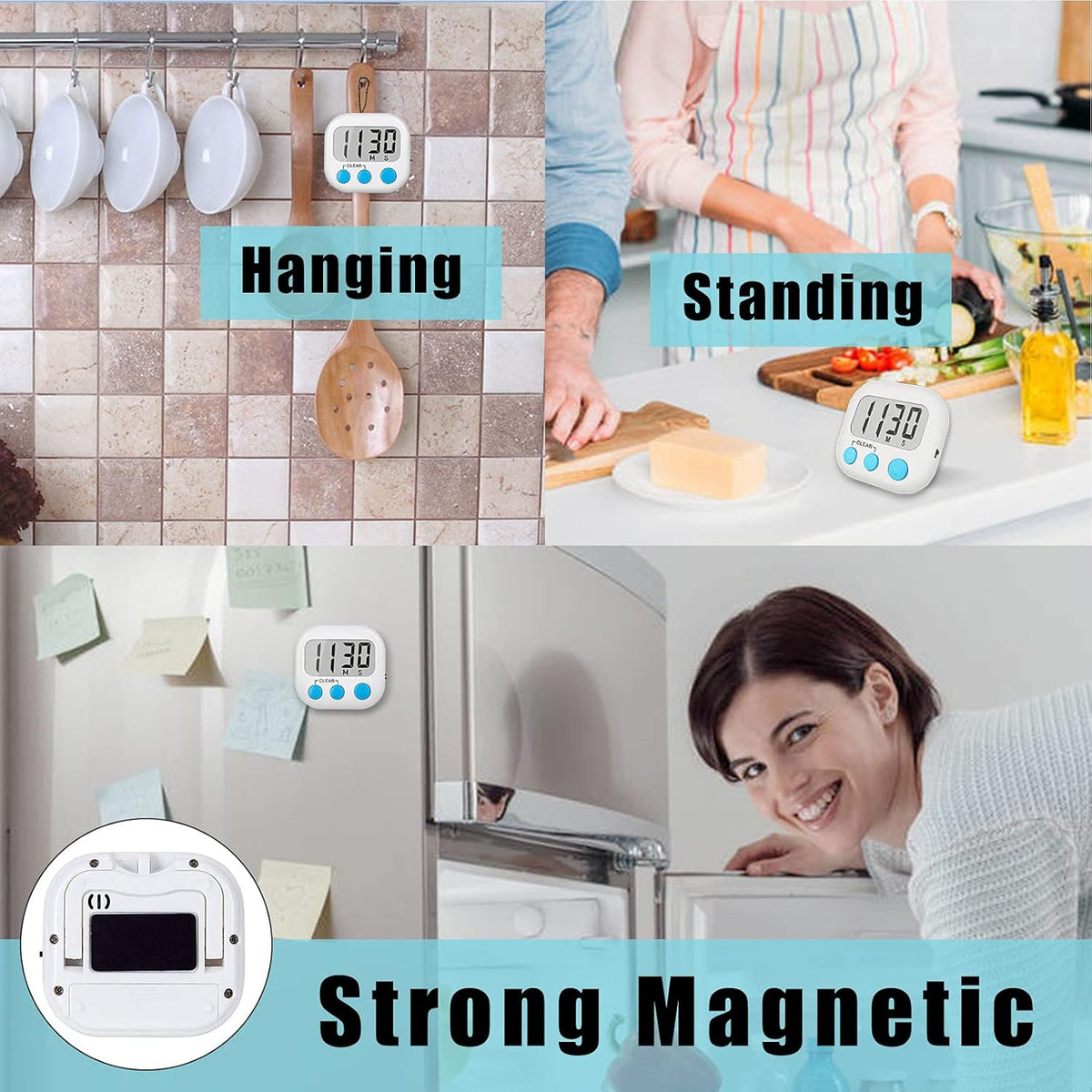 12 Pack Digital Kitchen Timers for Cooking Magnetic Timer for Cooking Loud Alarm White