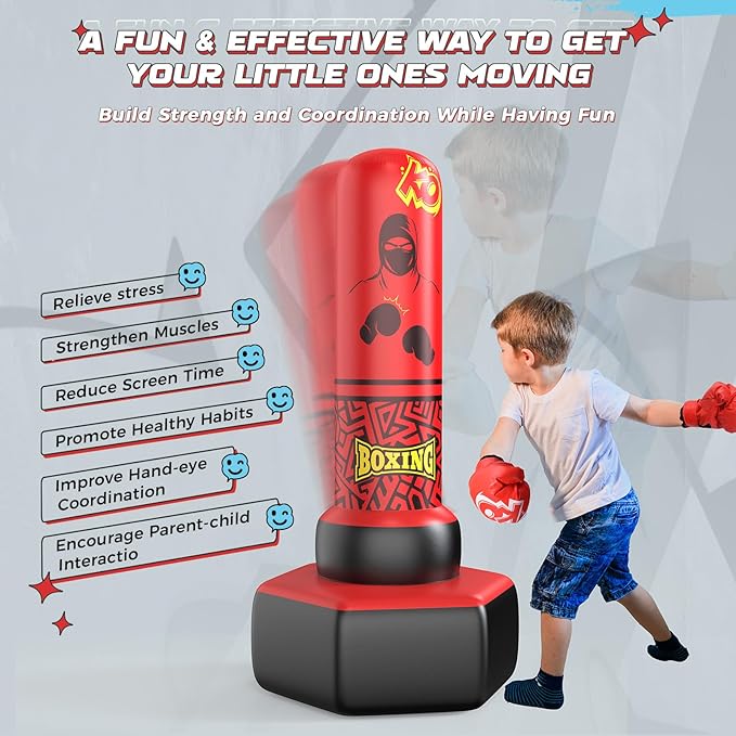 67'' Inflatable Punching Bag Freestanding for Kids Aged 3-12 – Heavy Duty Boxing Set for Karate & Taekwondo, Stable Boxing Bag Active Kids Toy, Christmas Birthday Gift for Boys and Girls