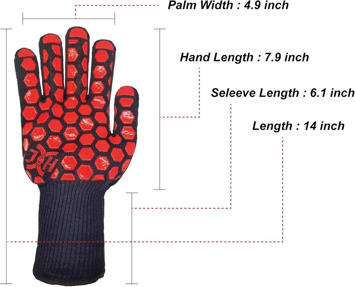 J H Heat Resistant Oven Glove:EN407 Certified 932 °F, 2 Layers Silicone Coating, Oven Mitts for Cooking, Kitchen, Fireplace,Camping, Grilling