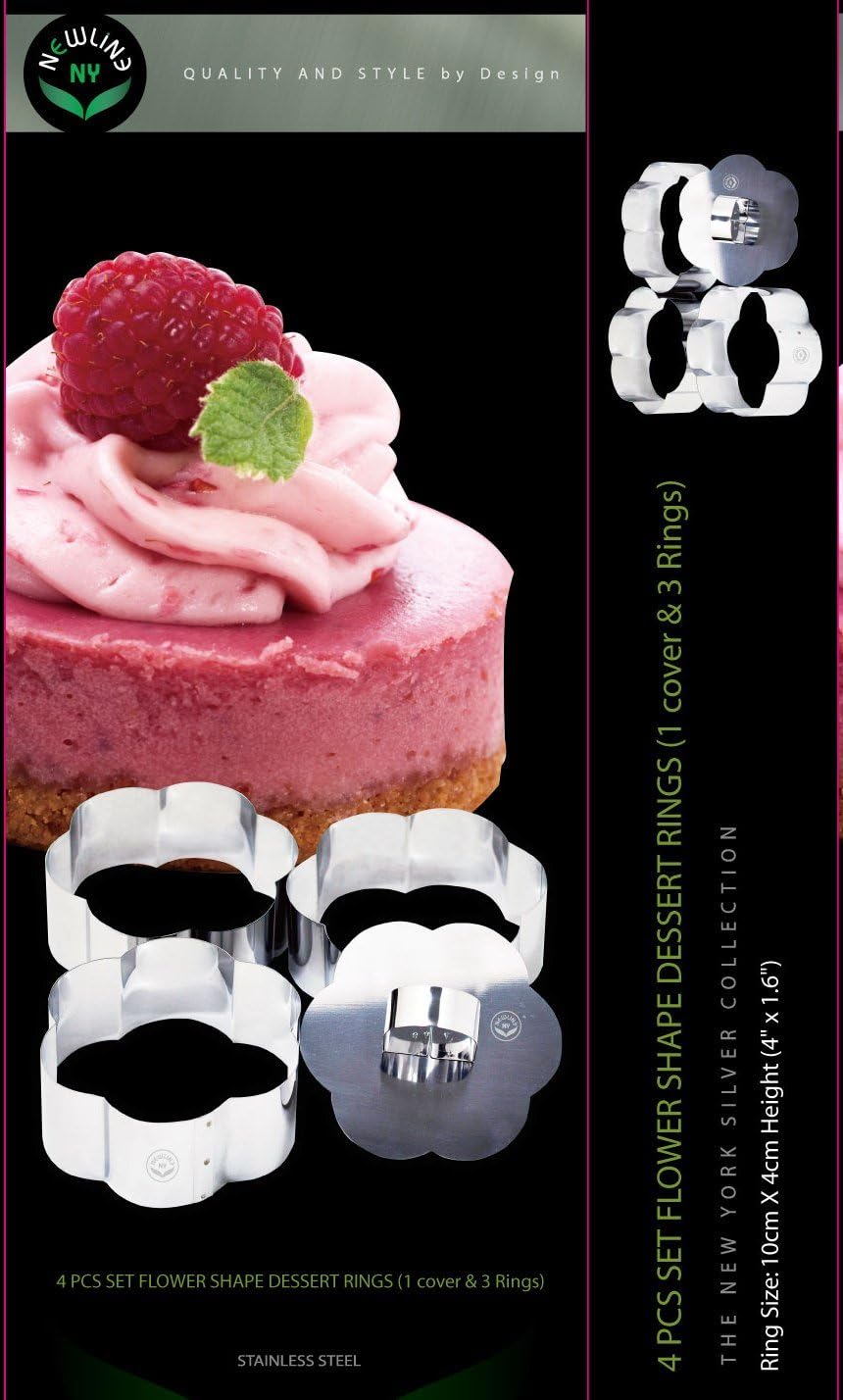 NEWLINE NY Stainless Steel Dessert Rings (4 Pcs) Flower Shape Molded Appetizers Salads Pastries Mousse Molding Layering Cutter