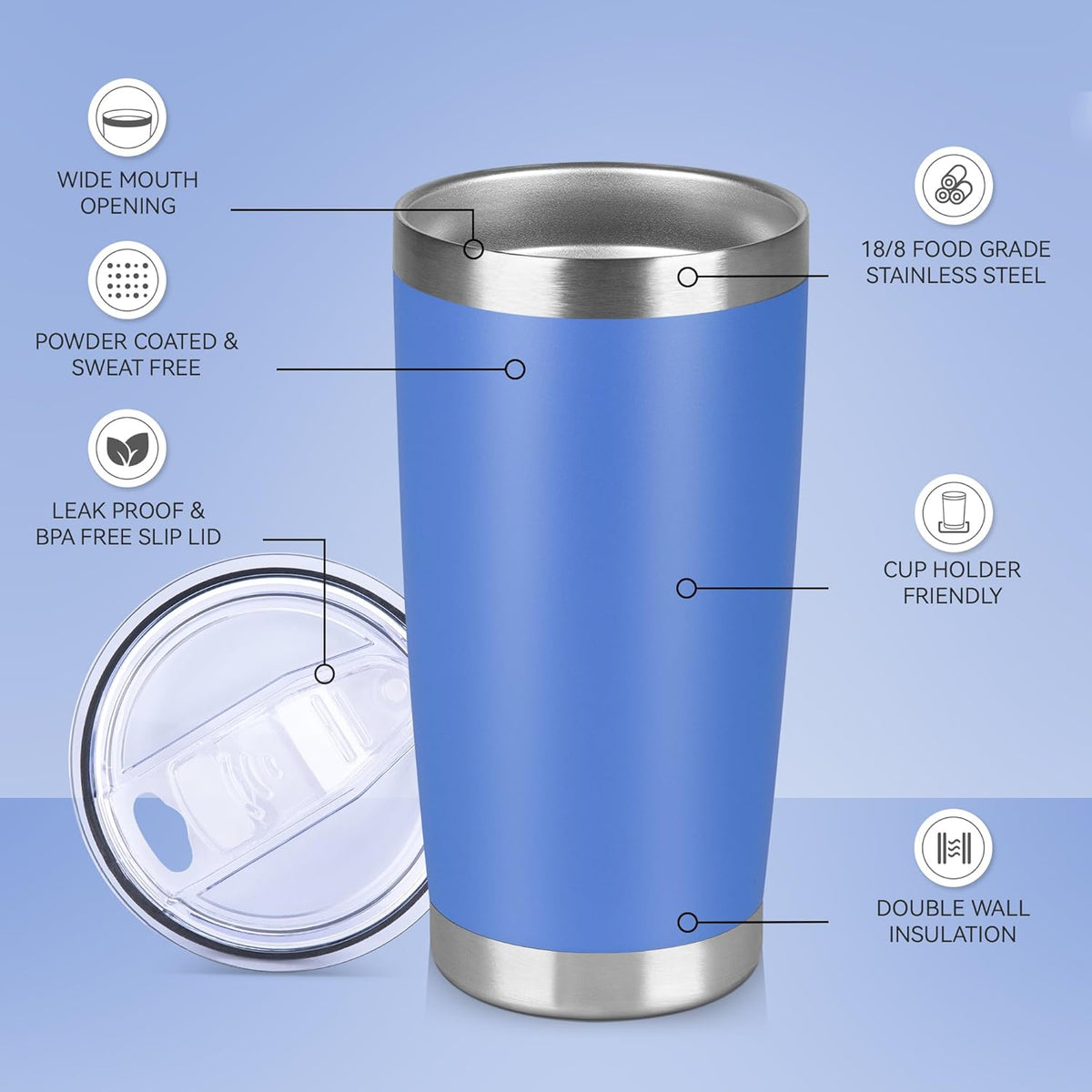 20 oz Tumbler Stainless Steel Tumblers Bulk with Lid Double Wall Insulated Coffee Tumbler Cups for Hot & Cold Drinks Powder Coated Travel Coffee Tumbler Mug Metal (Azure, 1 pack)