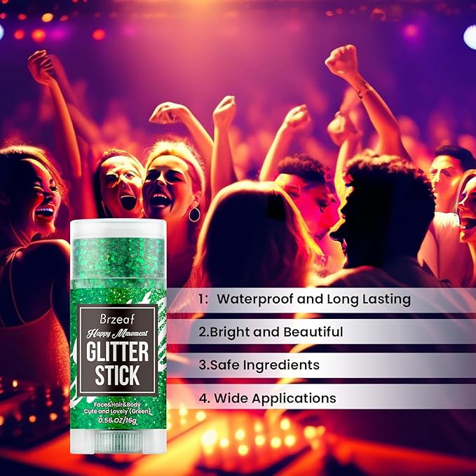 Brzeaf Waterproof Green Body Glitter Stick, Chunky Glitter for Face/Body/Hair/Eyes/Lip, Singer Concert Music Halloween Rave Festival, Glitter Stick Makeup & Face Glitter Gel for Women Men 0.56 OZ