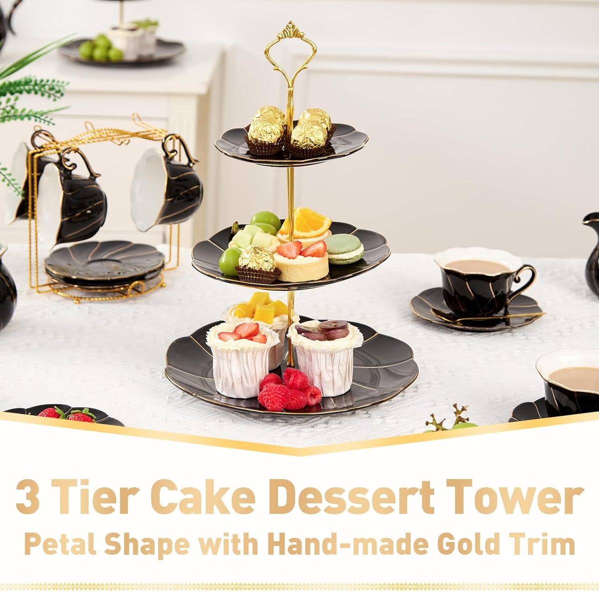 DUJUST Luxury Porcelain 3-Tier Cupcake Stand Tower, British Style Serving Tray with Golden Trim, Food Grade Dessert Display Stand, Beautiful Gift for Tea Party & Home Décor - Black