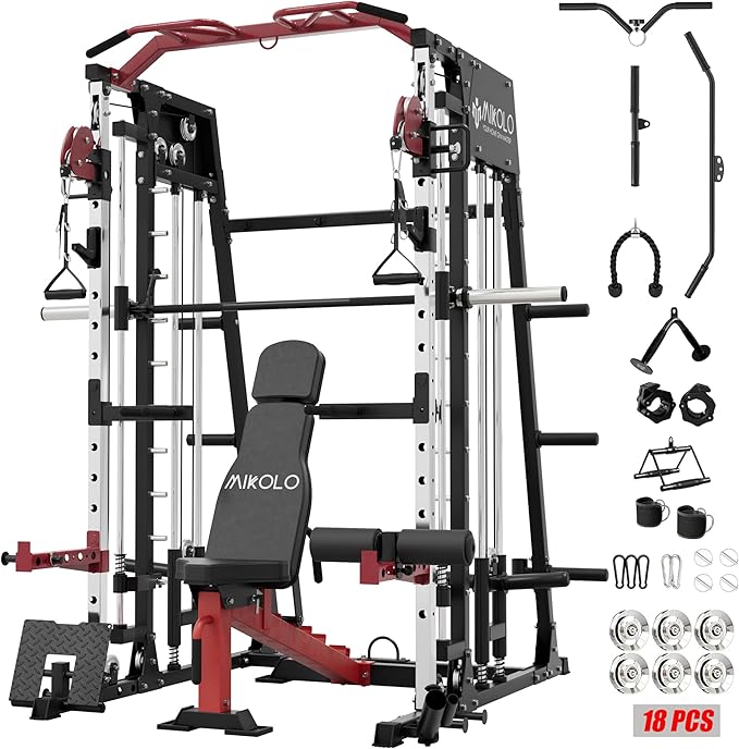 Mikolo Smith Machine, 2200lbs Squat Rack with LAT-Pull Down System & Cable Crossover Machine, Training Equipment with Leg Hold-Down Attachment