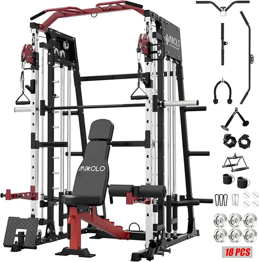 Mikolo Smith Machine, 2200lbs Squat Rack with LAT-Pull Down System & Cable Crossover Machine, Training Equipment with Leg Hold-Down Attachment
