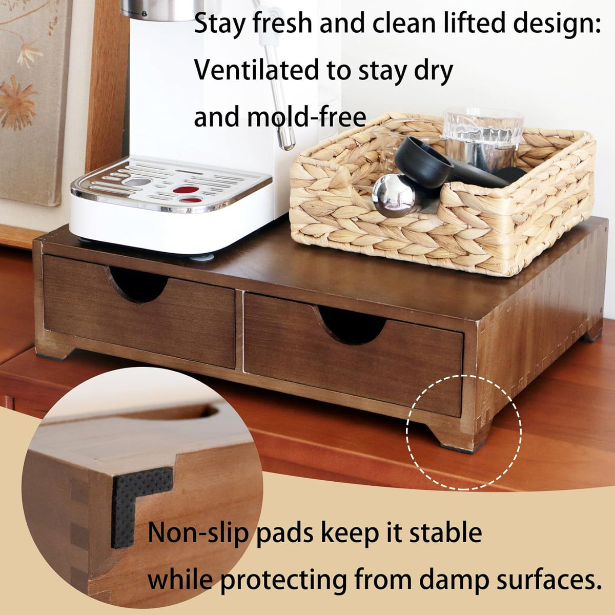 Wooden Coffee Pod Organizer with 4 Anti-Slip Feet, Elevated Coffee Pod Storage Box, Tea & Coffee Capsule Holder, 30 Pod Capacity with Drawer for Moisture Protection