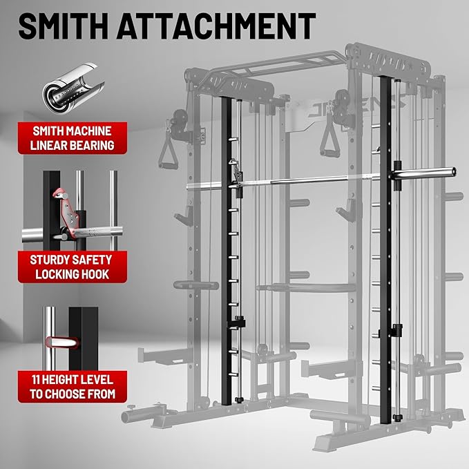 Smith Machine for Home Gym, Multi-Function M12 Power Cage with Cable Crossover System, Squat Rack with Smith Bar and More Attachment