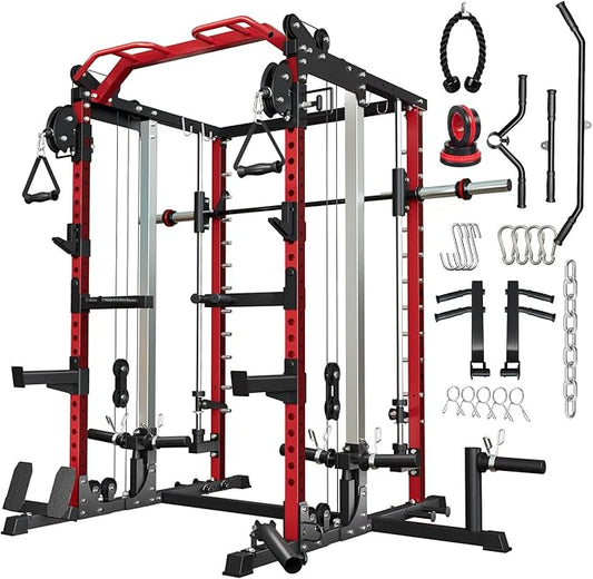 Smith Machine Home Gym, Multi-Function Power Cage with Dual Pulley Cable Crossover System, All-in-One Squat Rack with Smith Bar and Strength Training Attachments for Full-Body Workouts