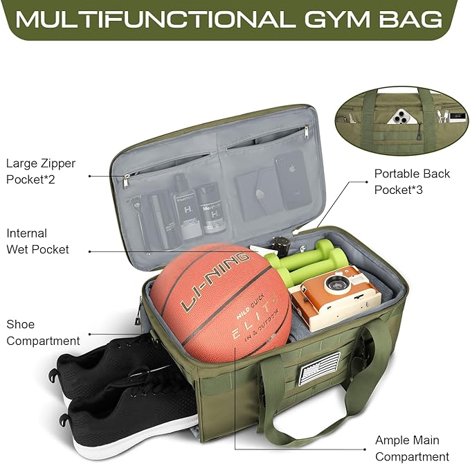 ETRONIK Gym Bags for Men, Large Tactical Duffle Backpack with Shoe Compartment, 3 in 1 Carry on Bag Travel Backpack with Wet Pocket, Weekender Overnight Range Bag for Workout Football Gym, Green
