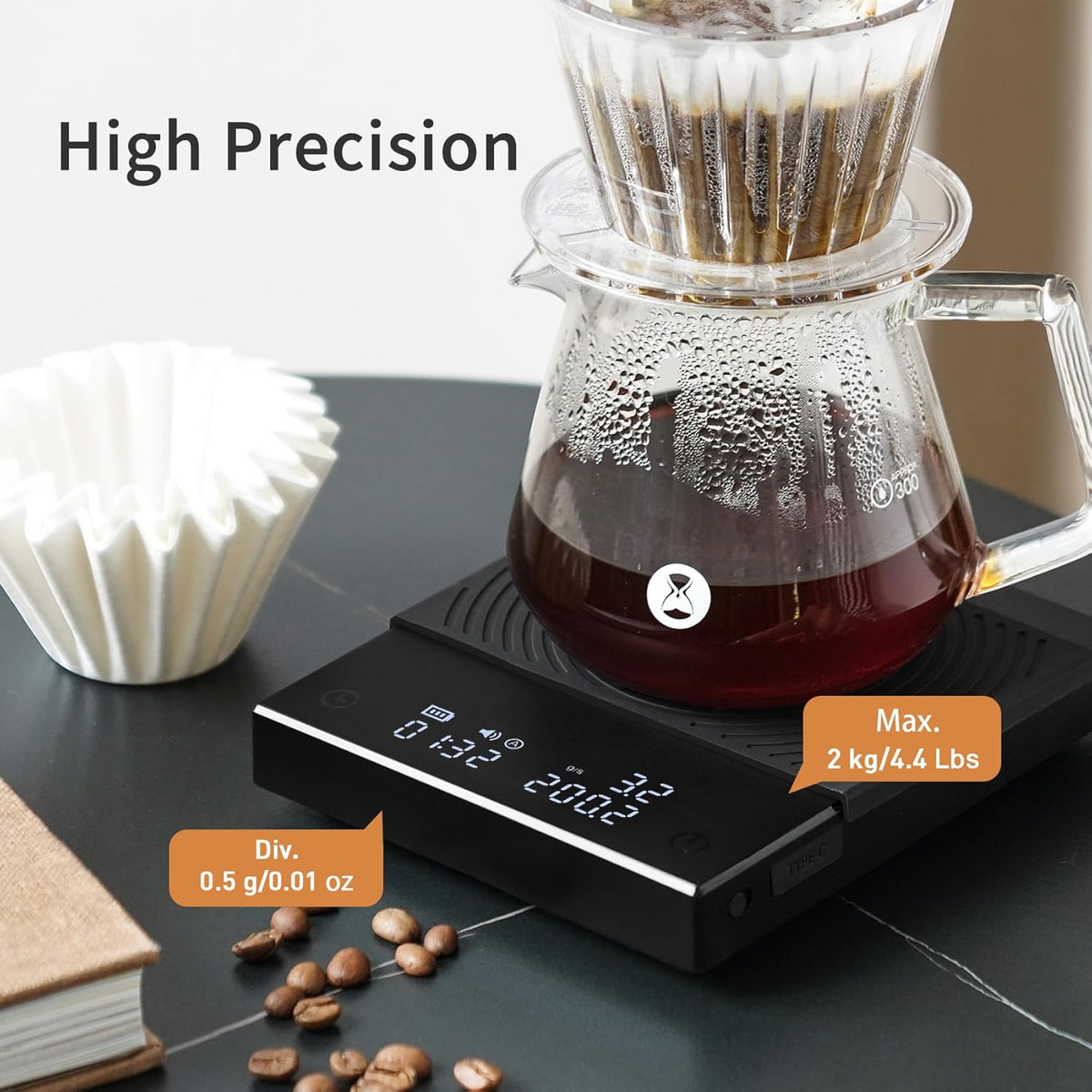 TIMEMORE Coffee Scale Basic 2.0 Electronic Espresso Scale with with Timer,2000 Grams and Water Flow Rate and Timer Function, Free Switching of Ounce/kg Units
