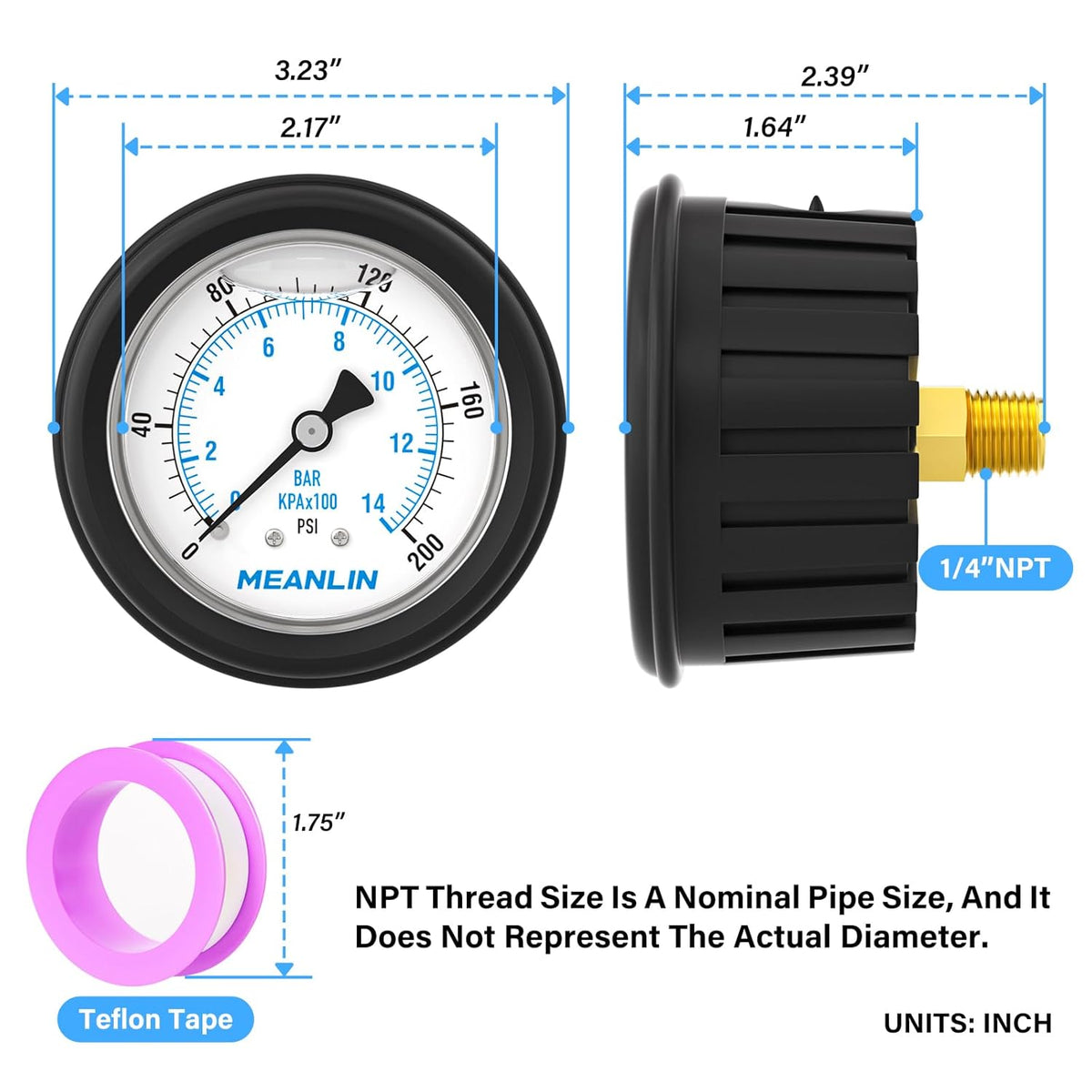 MEANLIN MEASURE 0~200Psi Stainless Steel Liquid Filled Pressure Gauge 1/4" NPT 2.5" FACE DIAL with Rubber Protective Sleeve, Center Back Mount