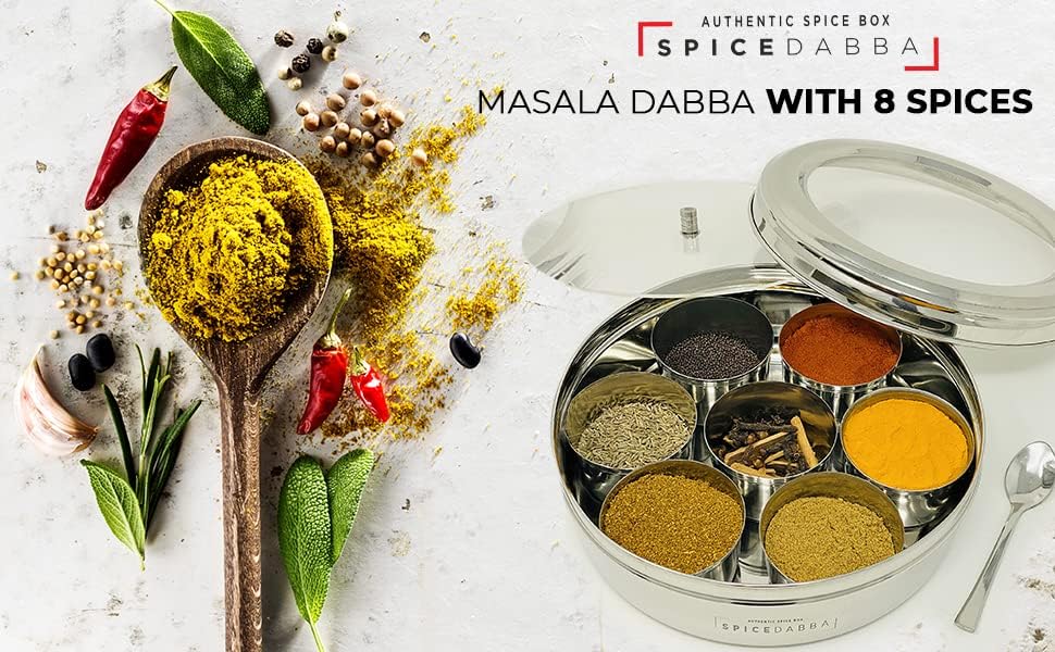 spice dabba Stainless Steel Indian Spice Box, Steel Masala Dabba, Double Lid Spice Container | Gift for Chefs | Size 8x8x2 In (Spice Box Only)