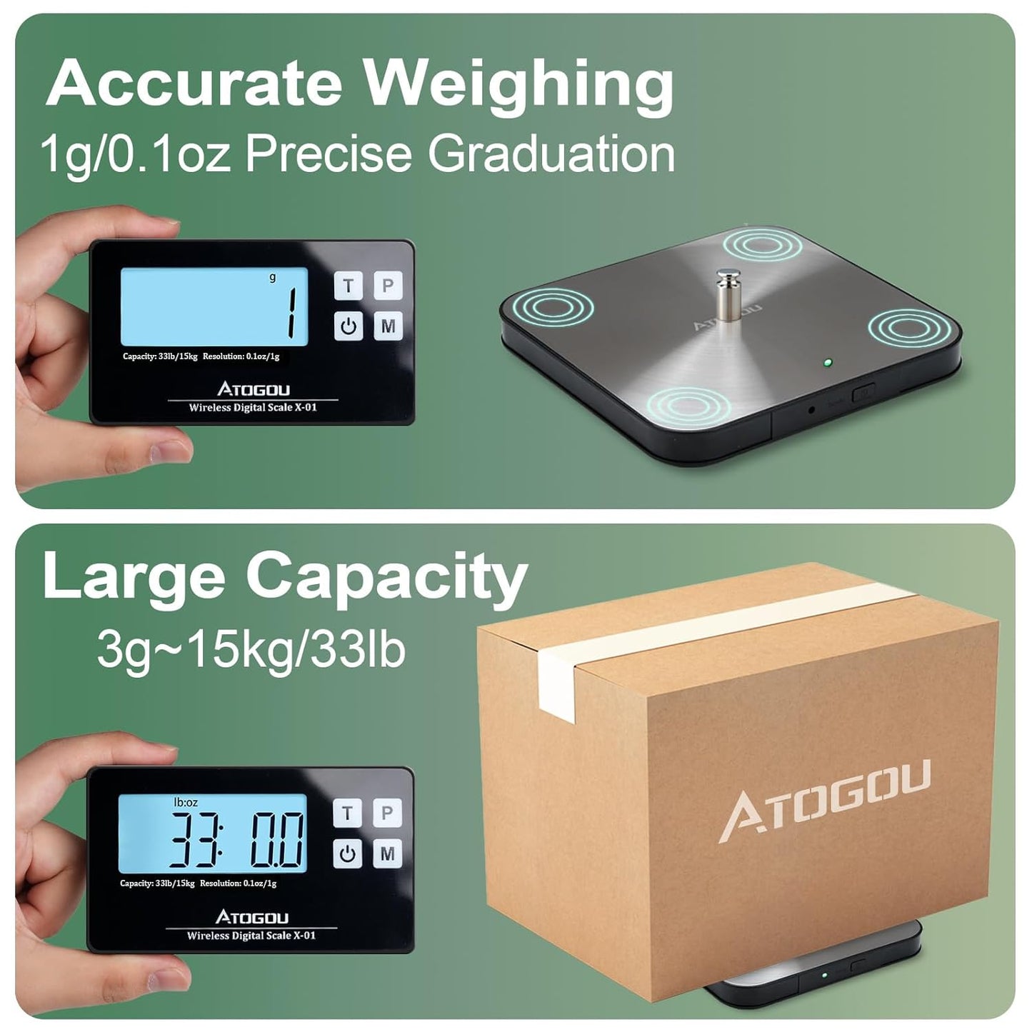Food Scale, 33lb Wireless Kitchen Scale with Remote Display, 1g/0.1oz Precise Graduation, Food-Grade 304 Stainless Steel, Digital Food Scale for Cooking, Baking, Postage, Shipping Black&Grey
