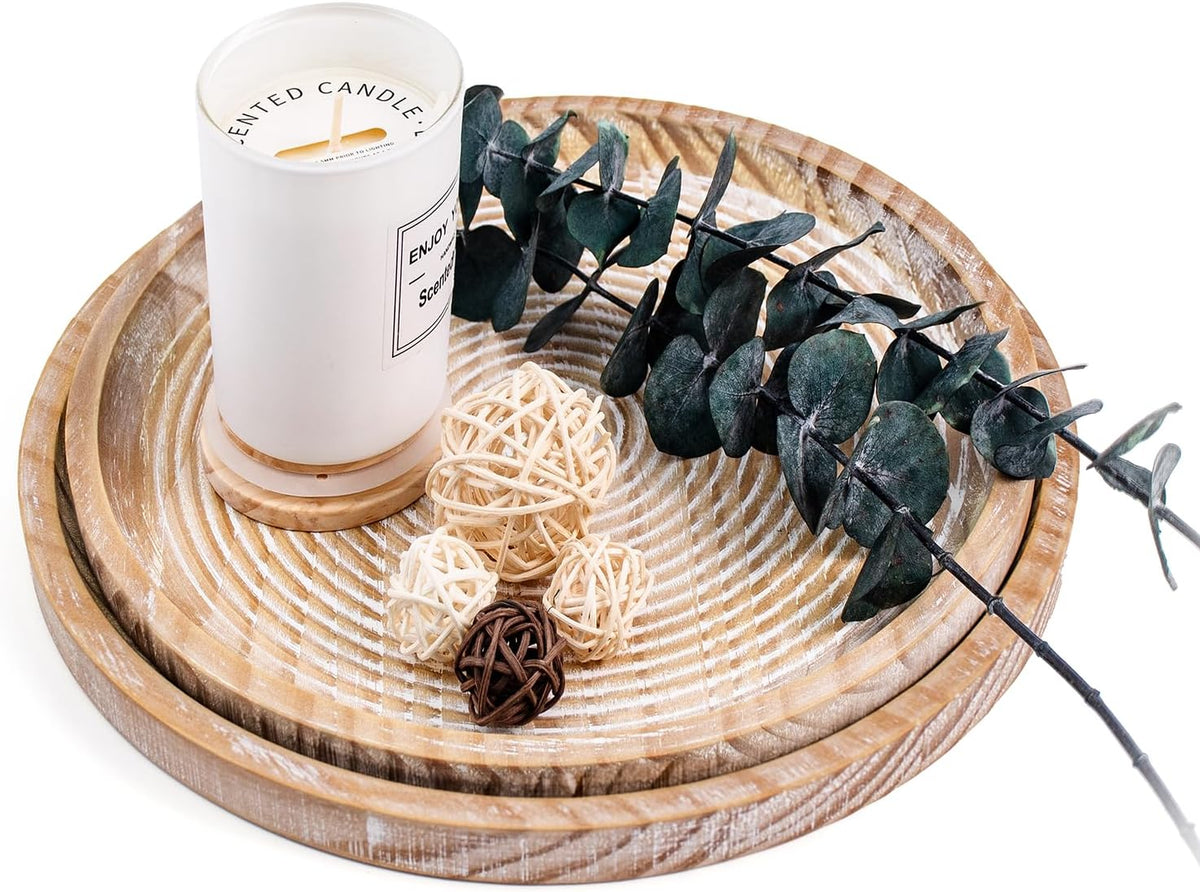 Rustic Wooden Serving Tray Set of 2 Round Wood Decorative Tray Centerpiece Dining Room Table Farmhouse Platter for Food, Fruit, and Coffee Great for Bed, Patio, Ottoman, Coffee Table, Kitchen or Party