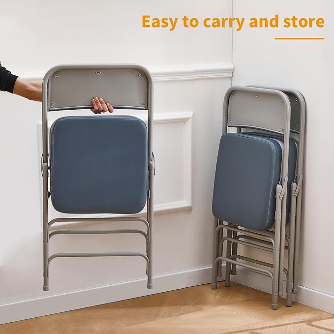 BOOSDEN Folding Chair, Foldable Chair, Faux Leather Fold Up Chair for Home, Office, Dining, Portable and Compact Metal Frame Folding Seat, Thickened Padded Fold Out Chair Indoor & Outdoor, Blue