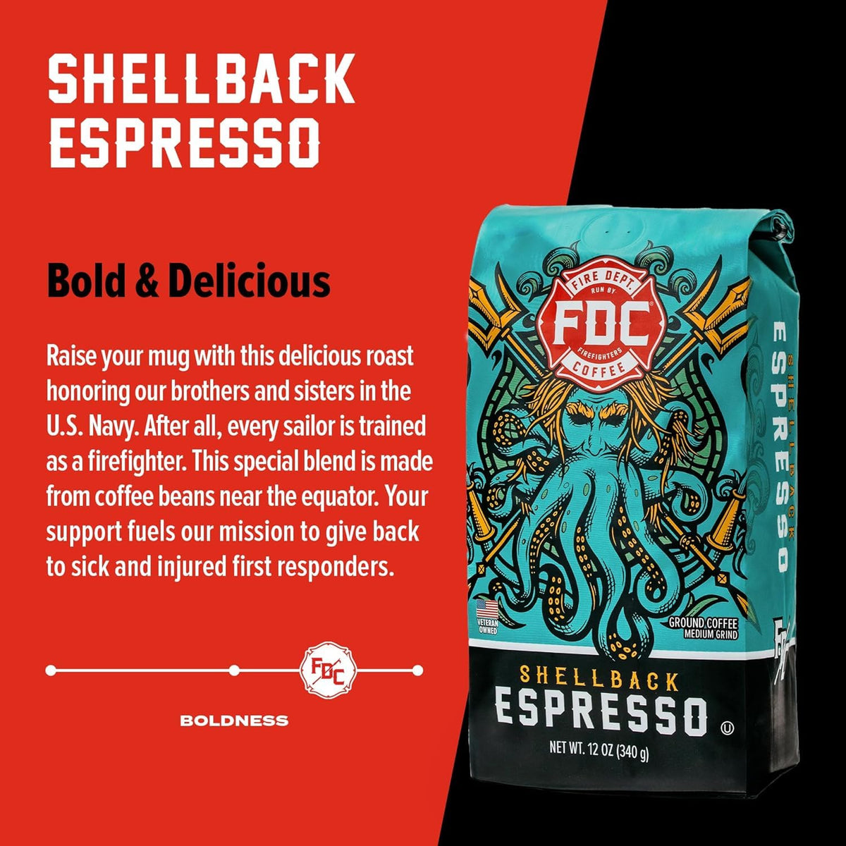 Fire Department Coffee - Gives Back to Firefighters - Shellback Espresso Coffee Beans - Bold & Smooth - Roasted in the USA - Premium Espresso - Veteran Owned (12 oz, Pack of 2)