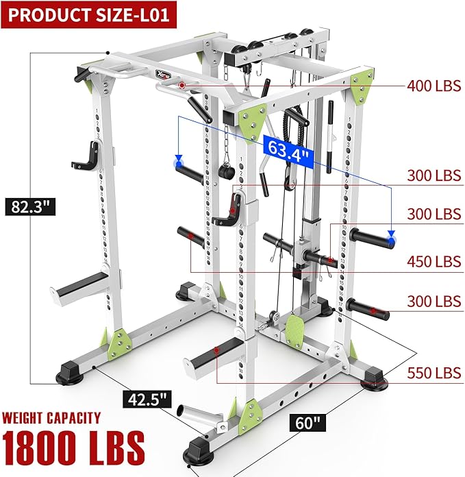 Power Cage Multi-Function Power Rack with Cable Crossover System,1800 LBS Capacity Squat Rack with Weight Bench,for Home Gym