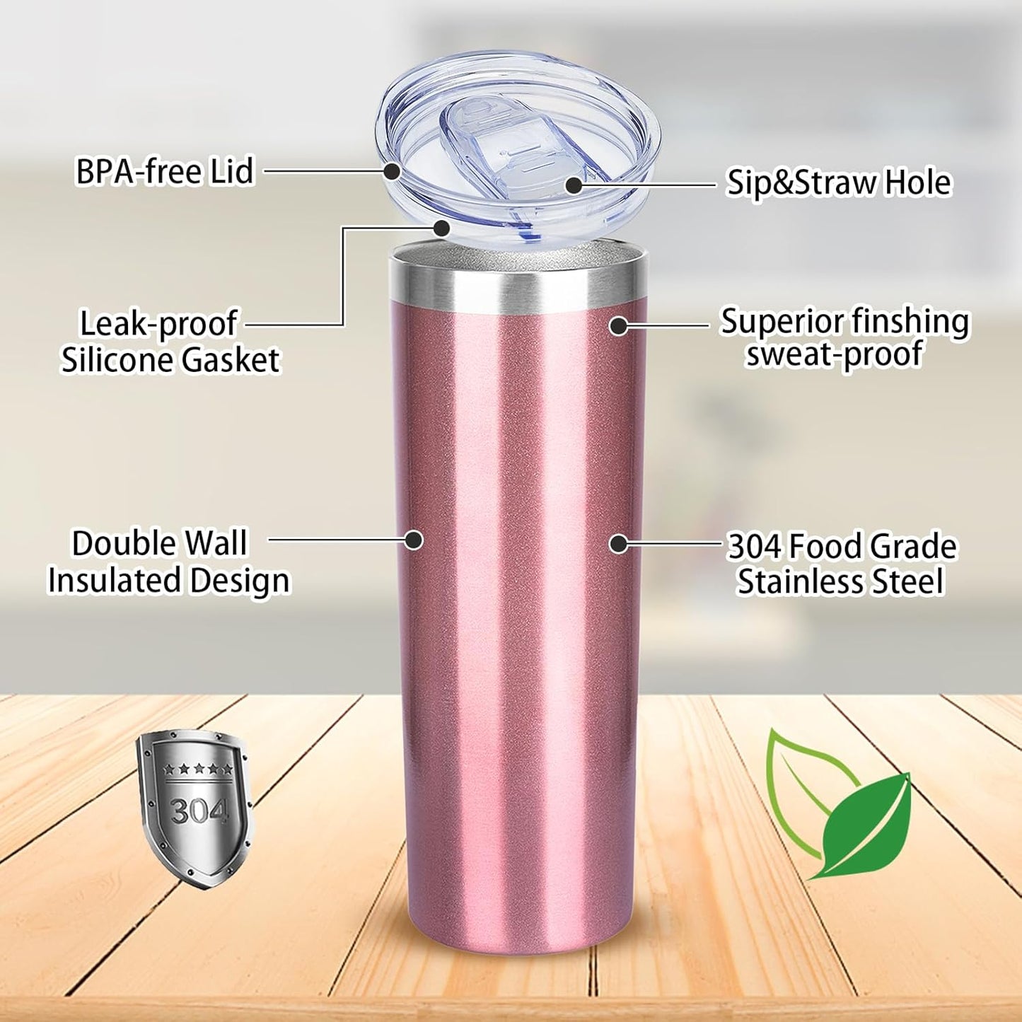 20 oz Skinny Tumblers with Lid and Straw,Stainless Steel Vacuum Insulated Tumbler Cup Double Wall Travel Coffee Mug, Thermal Water Tumbler for Hot and Cold Drinks(Rose Gold,4)