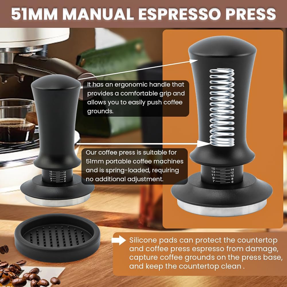 51mm Espresso Accessories Kit:Spring Loaded Calibrated Tamper,WDT Tool Espresso,Magnetic Dosing Funnel,Distribution Needle,Latte Art Pin,Fits Espresso Coffee Machines