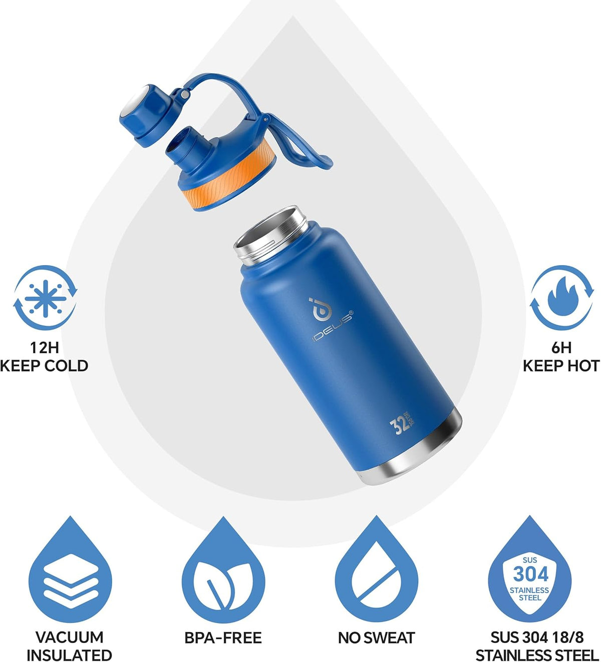 IDEUS Insulated Stainless Steel Water Bottle with 2 Leak-Proof Lids, Thermal Water Flask for Hiking Biking, 32oz, Bright Blue