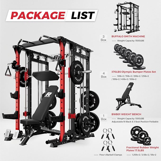 RitFit Smith Machine Power Cage with LAT Pulldown & Cable Crossover, All-in-One Power Rack Home Gym System with Leg Press Attachment & Accessories