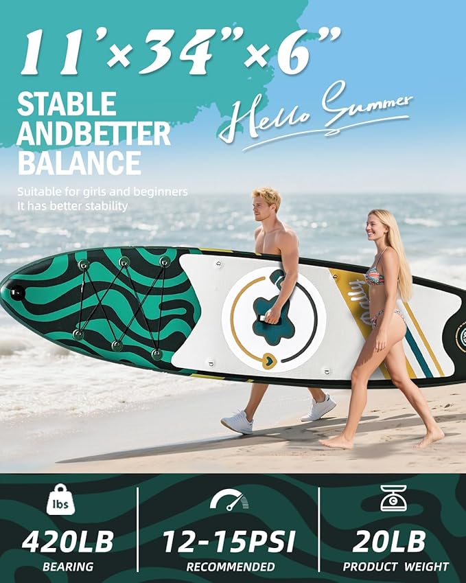 11'Stand Up Paddle Boards Surf Control with Premium SUP Board Accessories Backpack & Removable Fins, 34" Wide Inflatable Paddle Boards of All Skill Levels