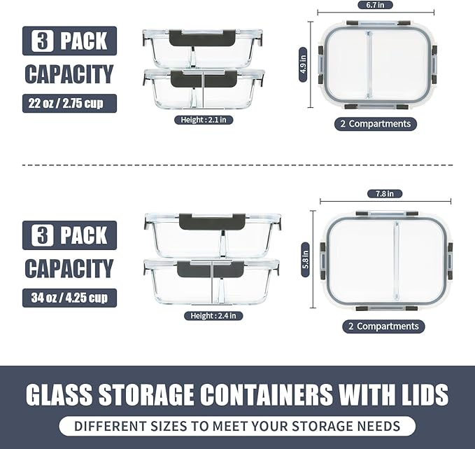 2 Compartment Glass Meal Prep Containers, 6 Pack Reusable Food Storage Containers with Lids, Lunch Containers for Adults, Portion Control, Airtight, Freezer to Microwave Safe(34oz+22oz)