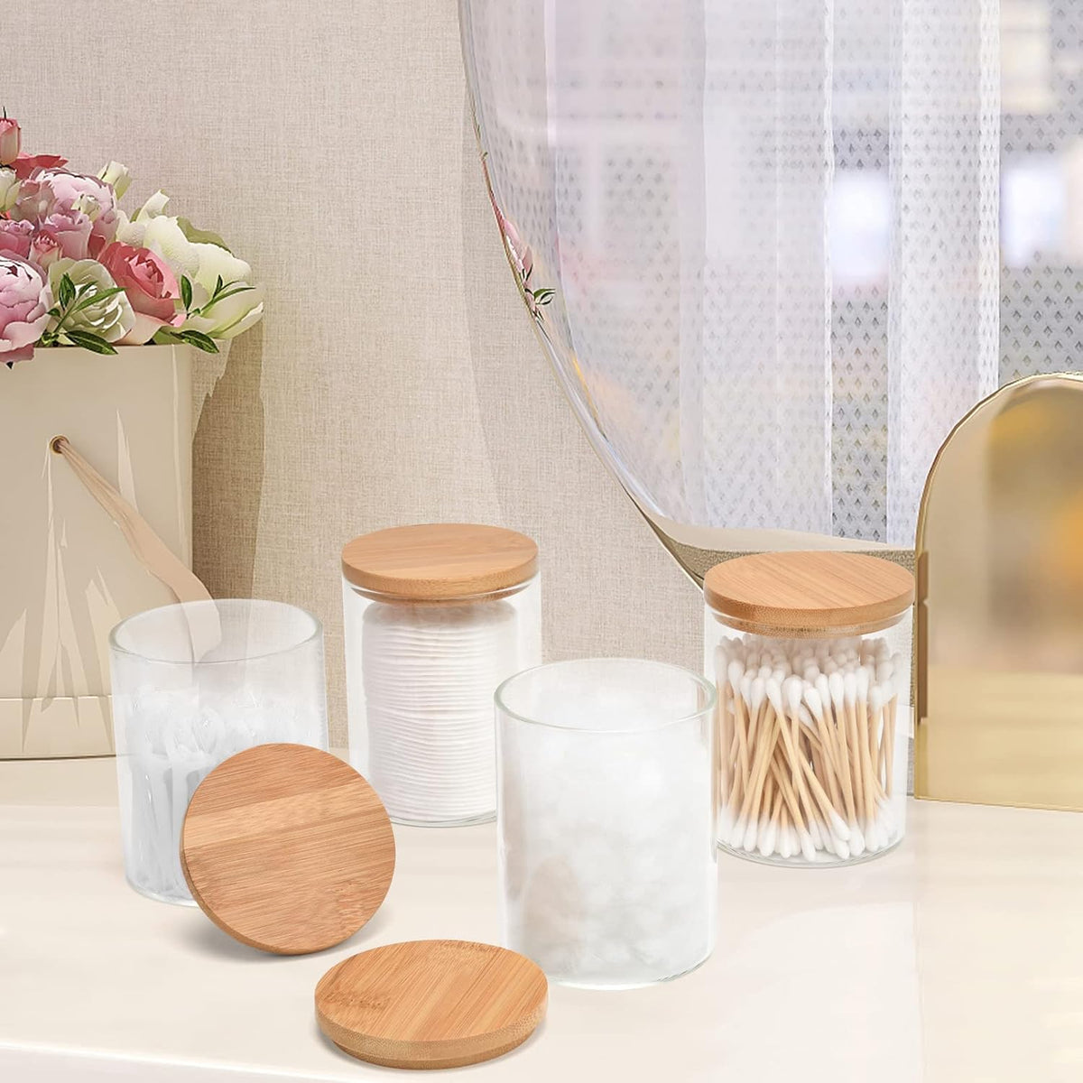 4 Pack Glass Qtip Holder Dispenser Set - Apothecary Jars with Lids for Vanity Makeup Organizer - Bathroom Canister Storage Organizer for Cotton Ball,Swab,Round Pads,Floss