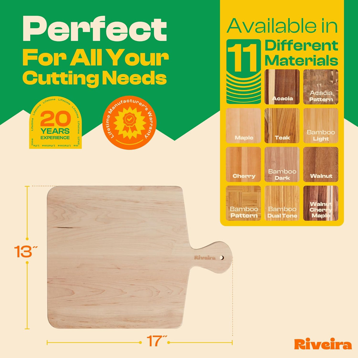 Riveira Maple Wood Cutting Board – Gourmet Maple Grandeur: 17 x 13 Wooden Cutting Board – Natural Wooden Cutting Boards For Kitchen Decorative – Innovative Juice Grooves Maple Wooden Chopping Board