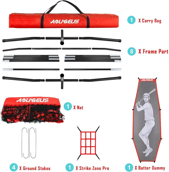 7'X7' Baseball Softball Practice Net,Pitching Net,Batting Net,with Baseball Tee,Bonus Strike Zone and Bow Frame,for Hitting,Pitching, Catching