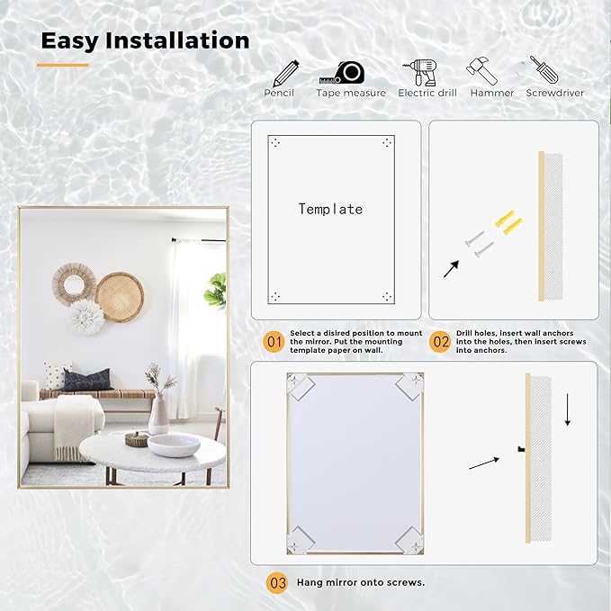 30x36 Inch Brass Bathroom Mirror for Wall, Aluminum Frame Rectangle Rectangular Vanity Mirror, Modern Large for Bedroom, Living Room, Horizontal or Vertical