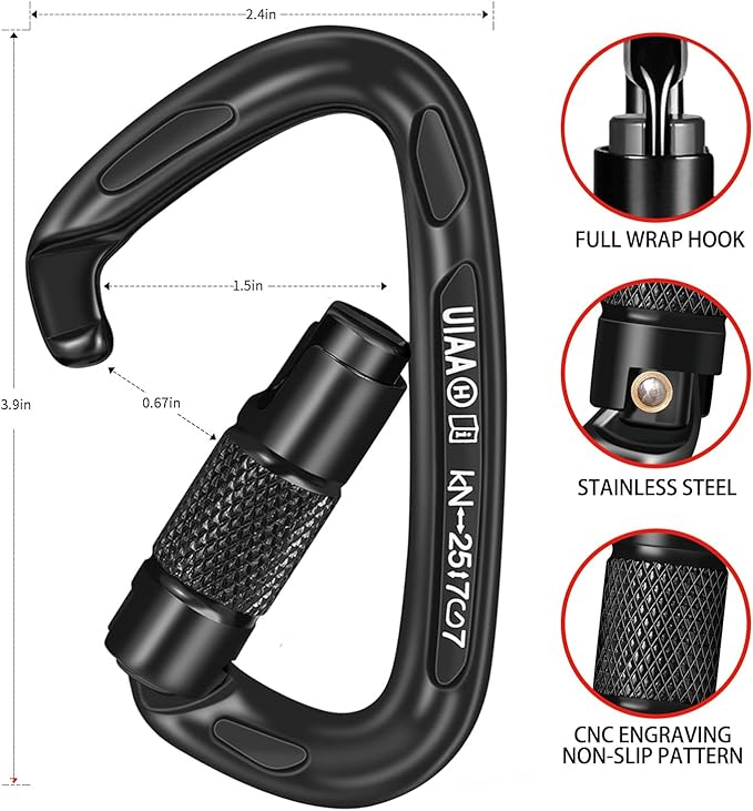 BEIFENG 25KN Auto Locking Carabiner - UIAA Certified Heavy Duty Climbing Carabiners for Rock Climbing, Camping, Rappelling, Hunting, Rescue Equipment - Professional Carabiner Clips (Black)